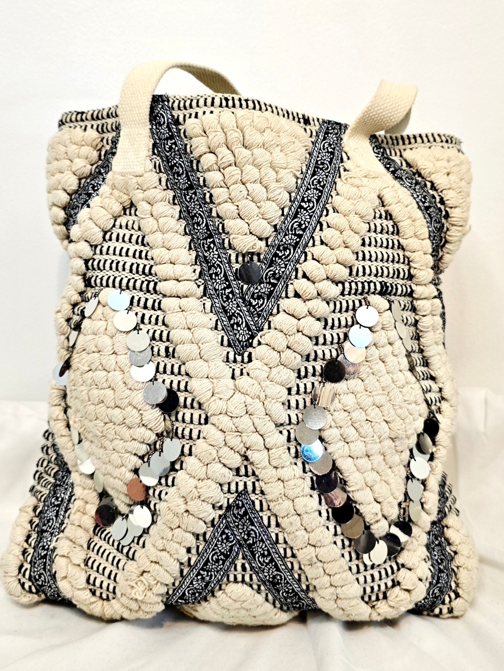 World Market Boho Woven Tote Bag Sequin Embellished Cream Black Tribal Festival